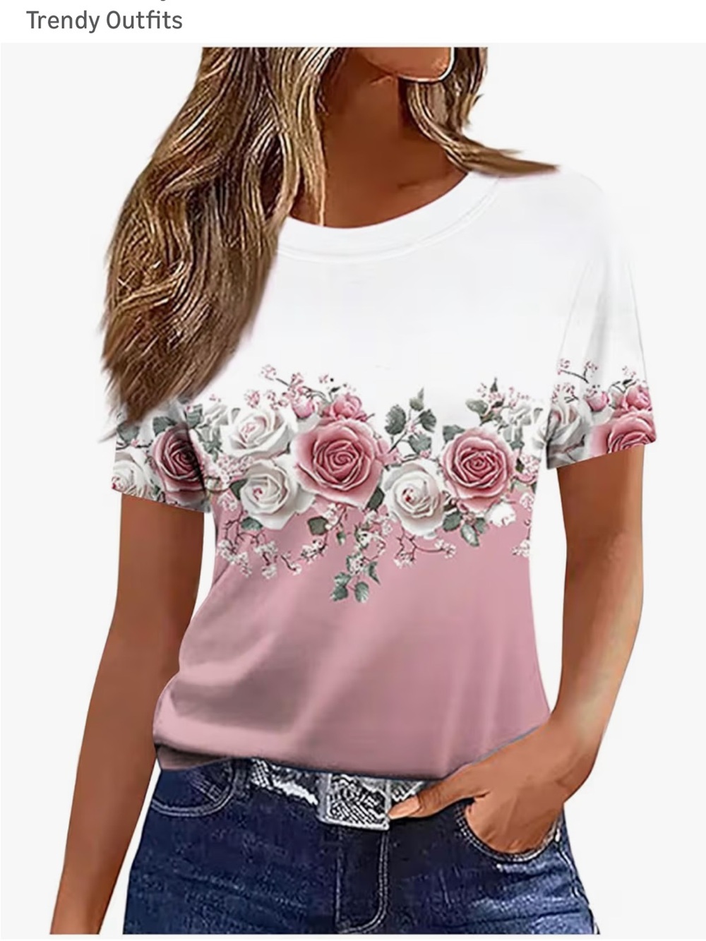 Floral Ombre Crewneck Tee - Pink Rose